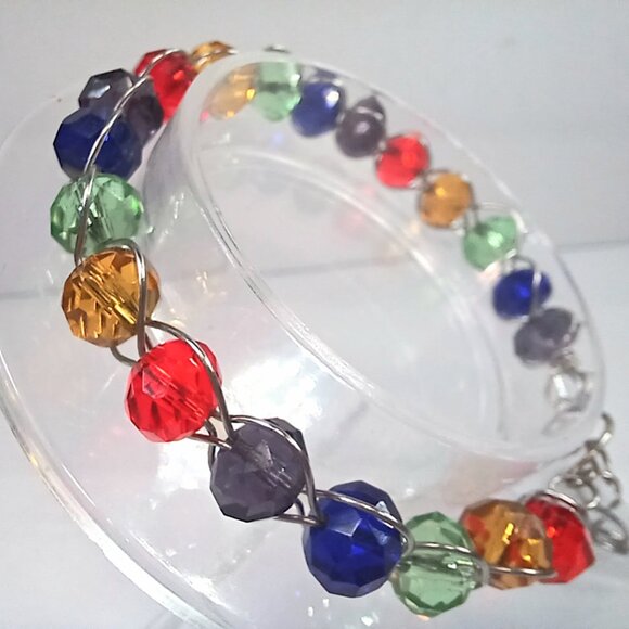 Rainbow Faceted Crystal Beaded Wire-Wrapped Bracelet - Picture 8 of 9